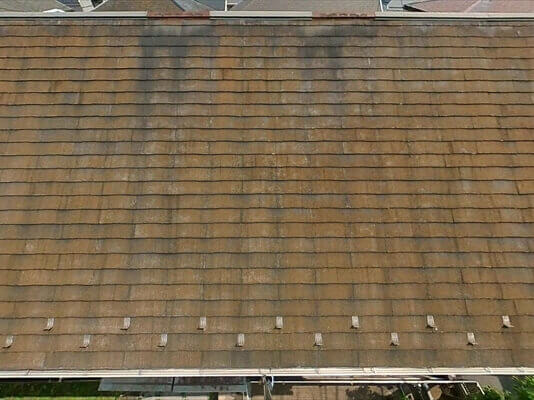 屋根全体に茶色くコケ汚れがついています。